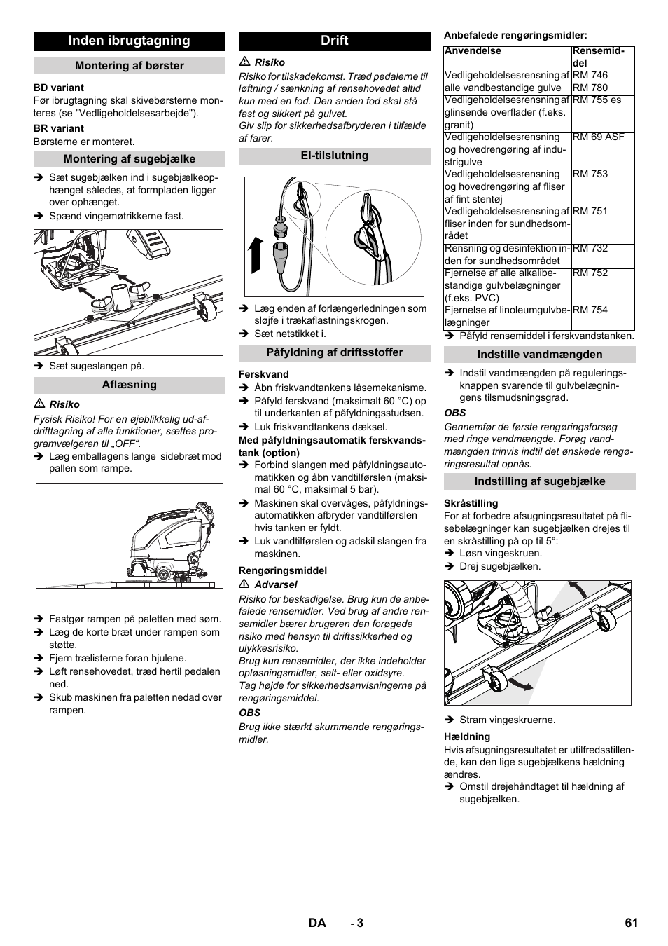 Inden ibrugtagning, Drift | Karcher B 40 C Bp R 55 User Manual | Page 61 / 226