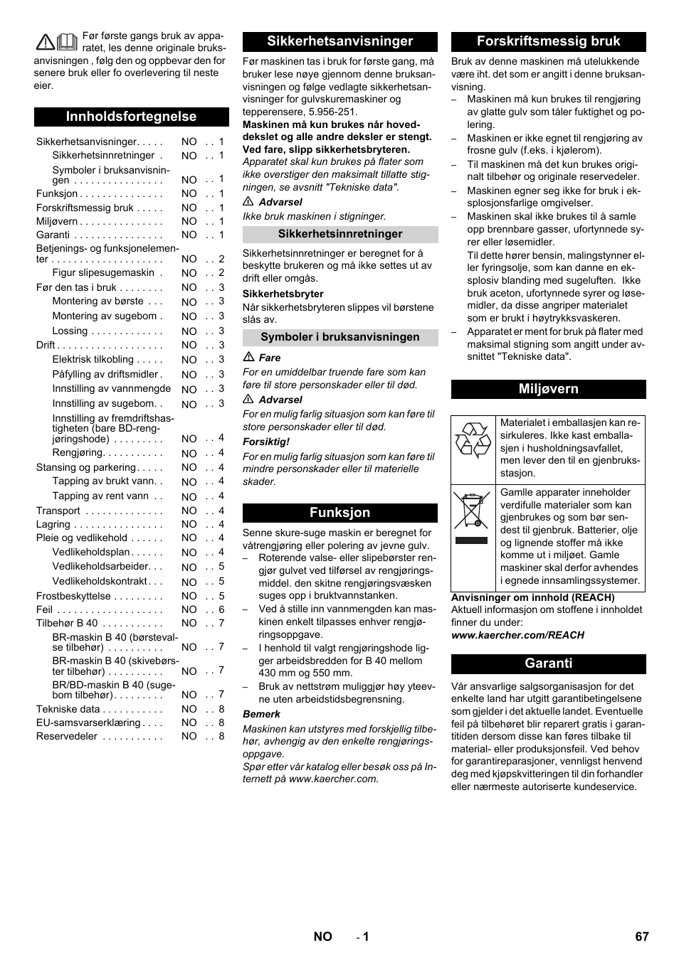 Norsk, Innholdsfortegnelse, Sikkerhetsanvisninger | Funksjon forskriftsmessig bruk miljøvern, Garanti | Karcher B 40 C Bp R 55 User Manual | Page 67 / 226