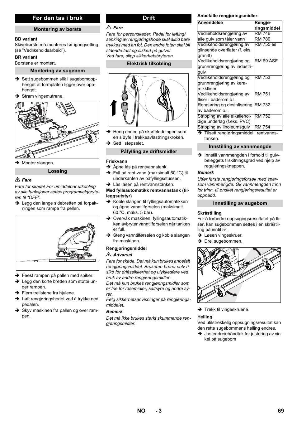 Før den tas i bruk, Drift | Karcher B 40 C Bp R 55 User Manual | Page 69 / 226