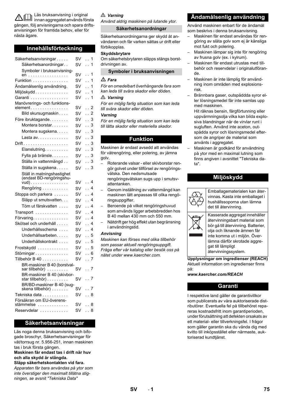 Svenska, Innehållsförteckning, Säkerhetsanvisningar | Funktion ändamålsenlig användning miljöskydd, Garanti | Karcher B 40 C Bp R 55 User Manual | Page 75 / 226