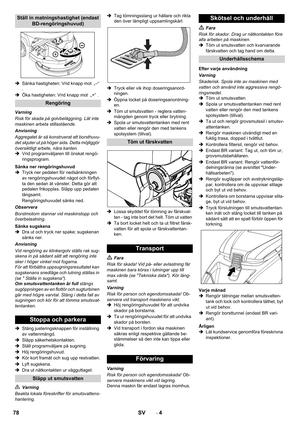 Stoppa och parkera, Transport förvaring skötsel och underhåll | Karcher B 40 C Bp R 55 User Manual | Page 78 / 226
