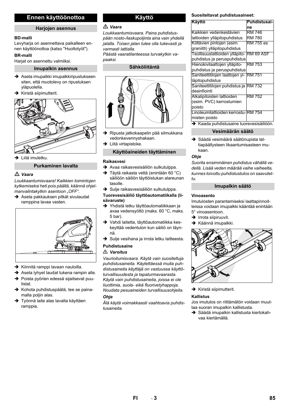 Ennen käyttöönottoa, Käyttö | Karcher B 40 C Bp R 55 User Manual | Page 85 / 226