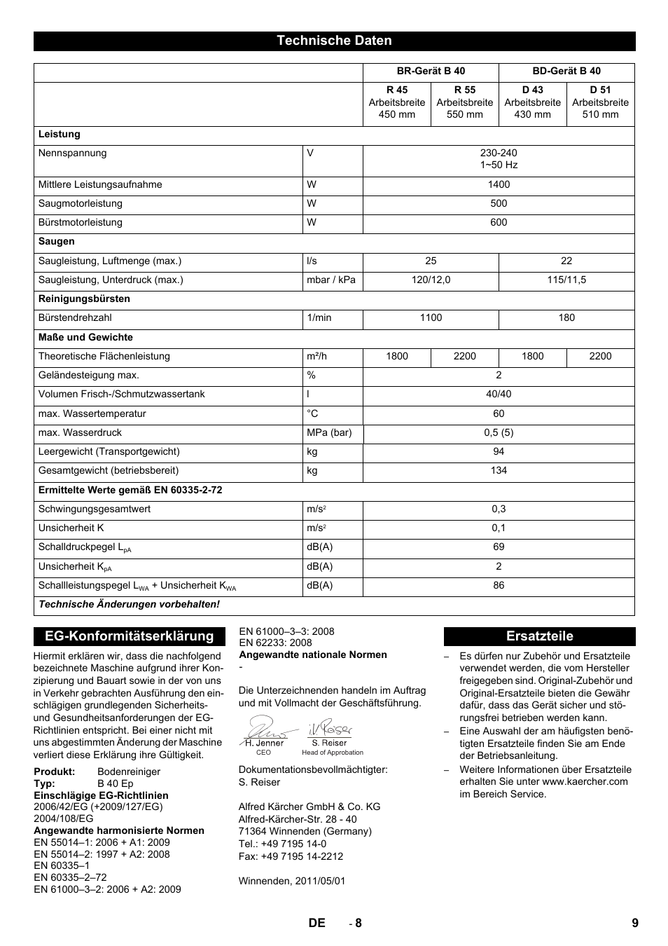 Technische daten, Eg-konformitätserklärung, Ersatzteile | Karcher B 40 C Bp R 55 User Manual | Page 9 / 226