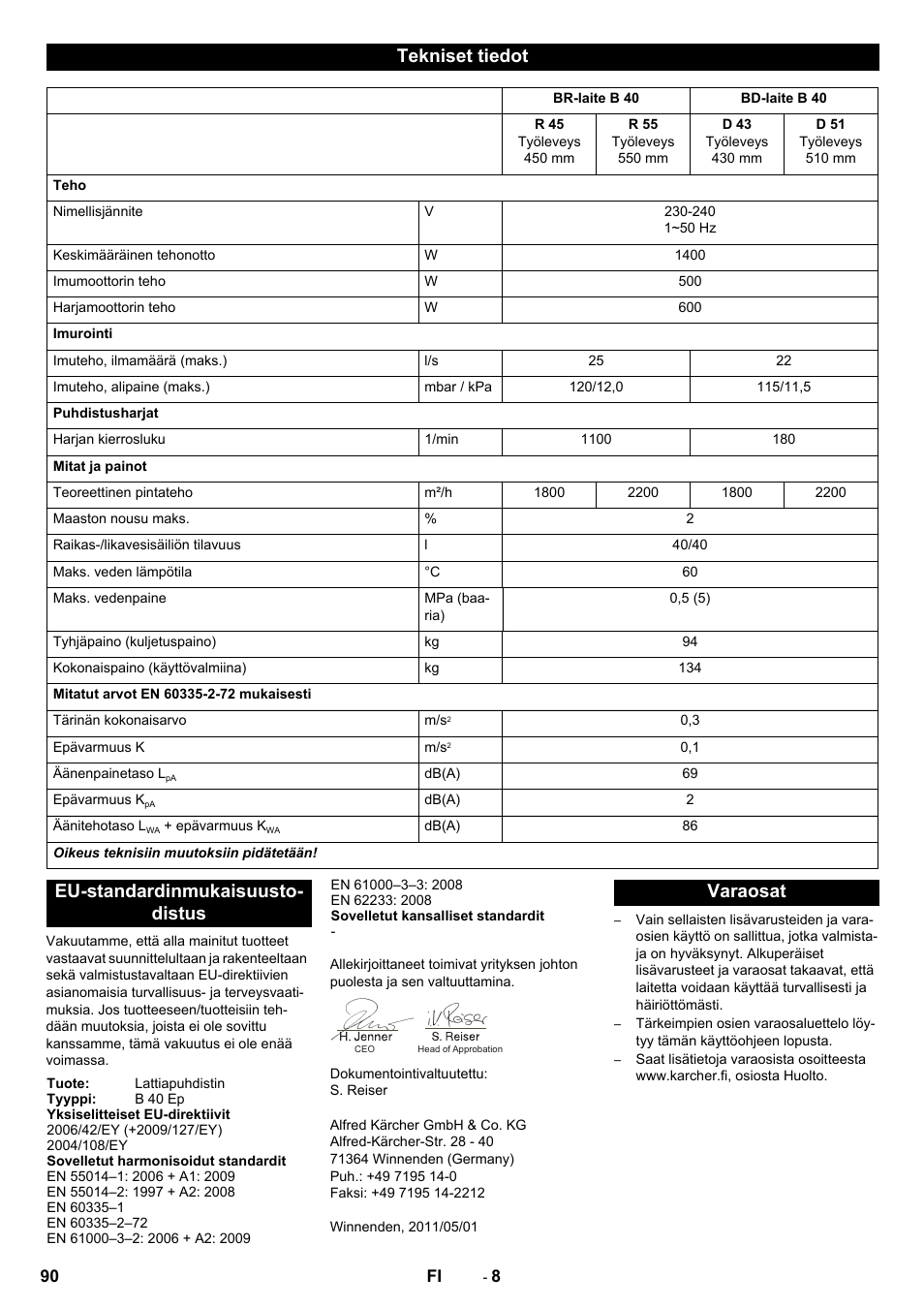 Tekniset tiedot, Eu-standardinmukaisuusto- distus, Varaosat | Karcher B 40 C Bp R 55 User Manual | Page 90 / 226
