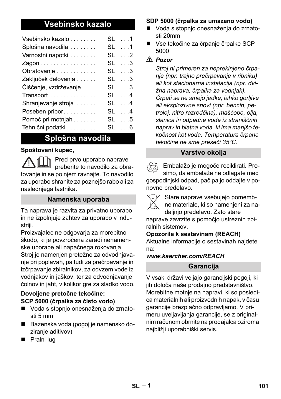 Slovenščina, Vsebinsko kazalo, Splošna navodila | Namenska uporaba, Dovoljene pretočne tekočine, Varstvo okolja, Garancija | Karcher SCP 5000 User Manual | Page 101 / 168