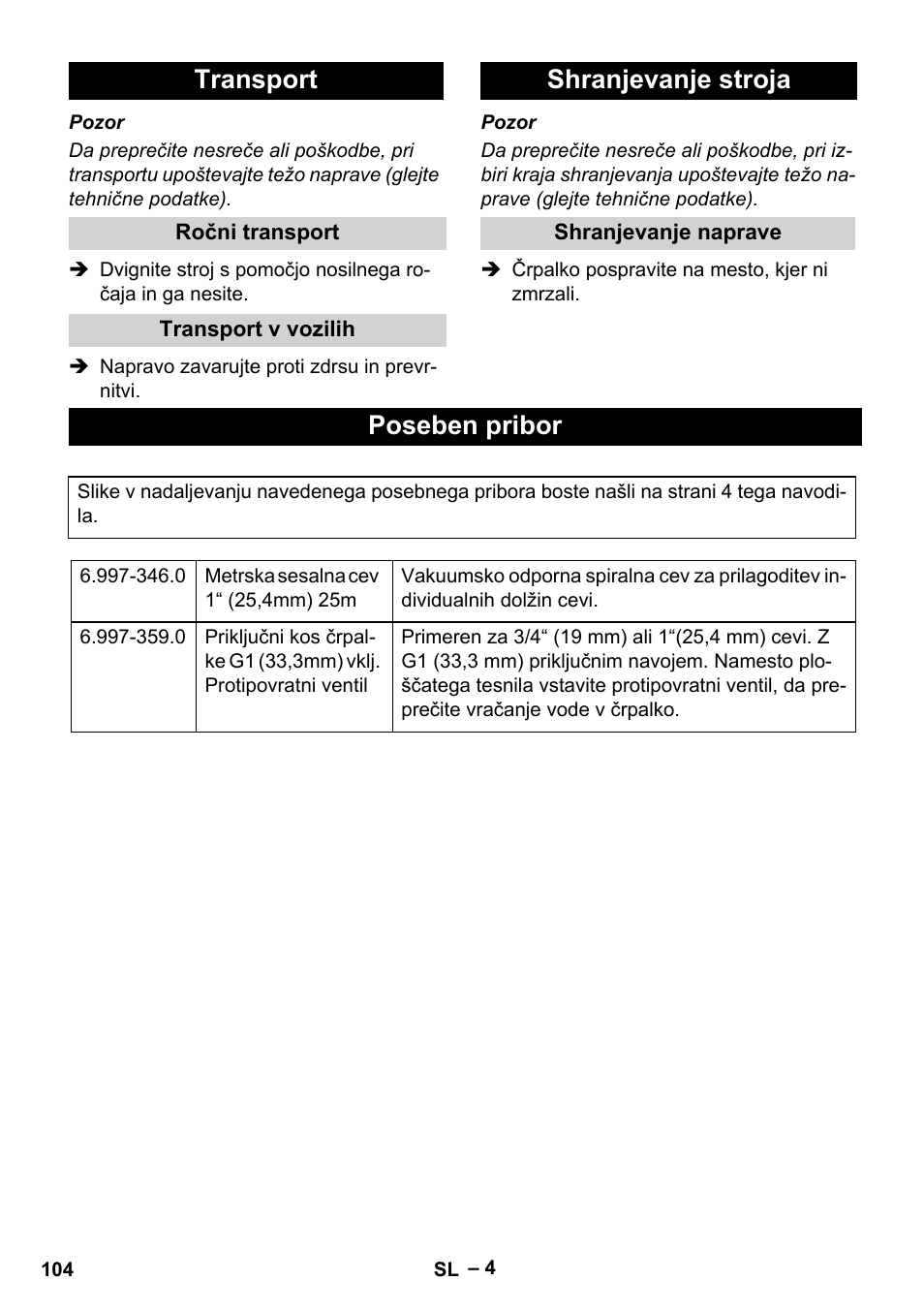 Transport, Ročni transport, Transport v vozilih | Shranjevanje stroja, Shranjevanje naprave, Poseben pribor | Karcher SCP 5000 User Manual | Page 104 / 168