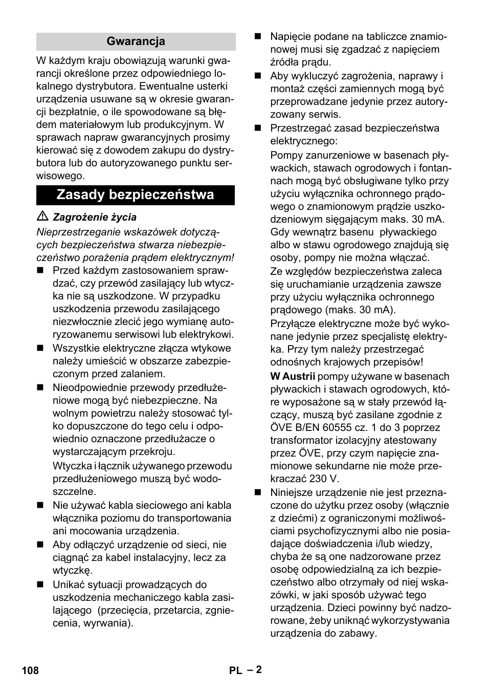 Gwarancja, Zasady bezpieczeństwa | Karcher SCP 5000 User Manual | Page 108 / 168