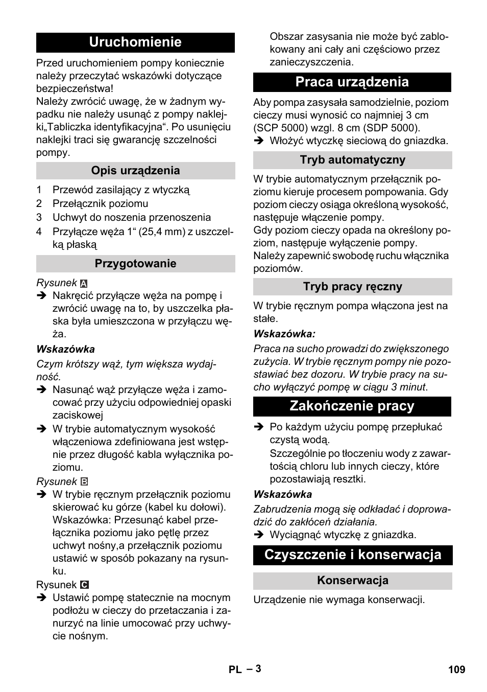 Uruchomienie, Opis urządzenia, Przygotowanie | Praca urządzenia, Tryb automatyczny, Tryb pracy ręczny, Zakończenie pracy, Czyszczenie i konserwacja, Konserwacja, Zakończenie pracy czyszczenie i konserwacja | Karcher SCP 5000 User Manual | Page 109 / 168