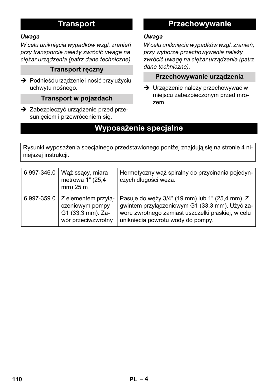 Transport, Transport ręczny, Transport w pojazdach | Przechowywanie, Przechowywanie urządzenia, Wyposażenie specjalne | Karcher SCP 5000 User Manual | Page 110 / 168