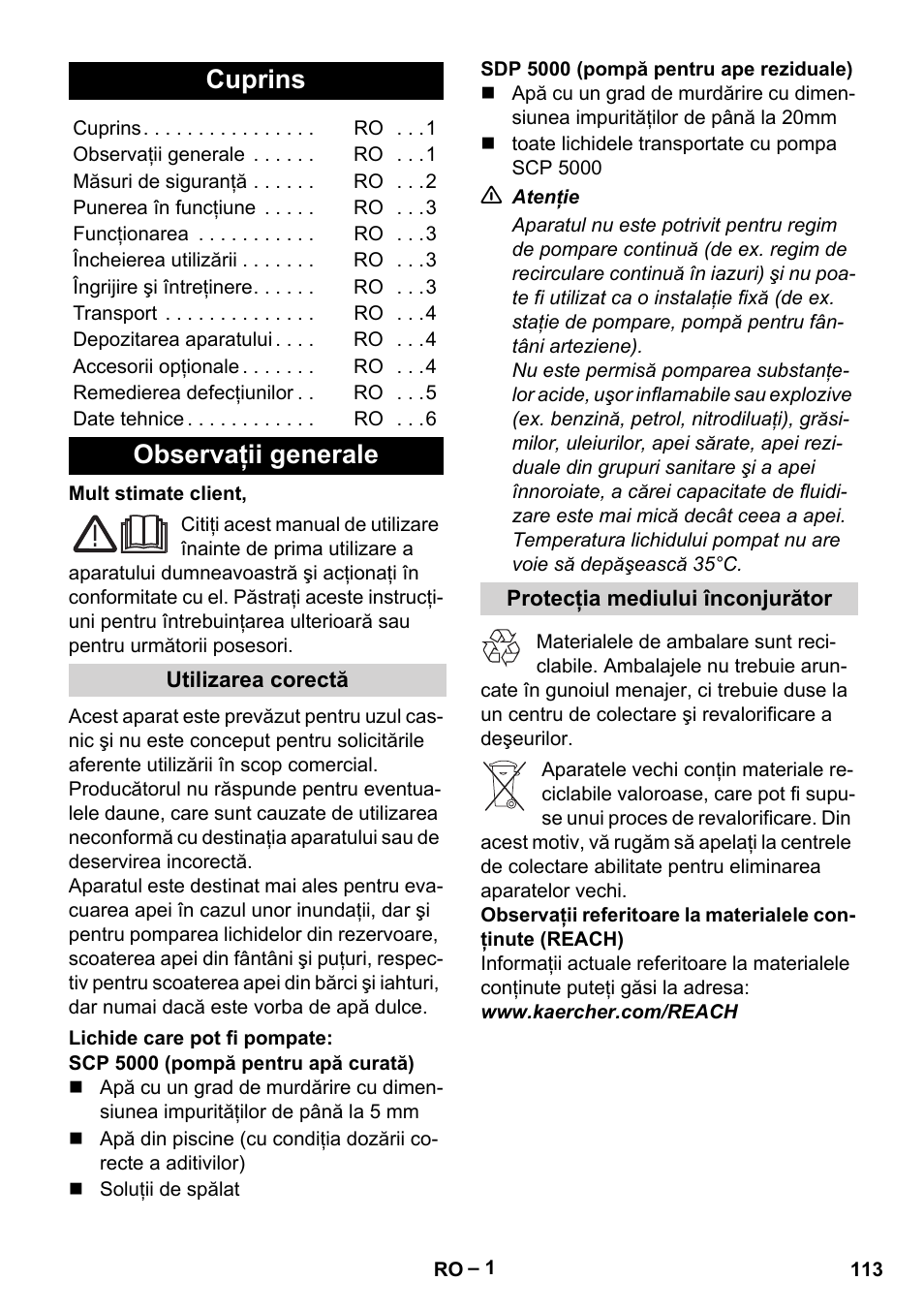 Româneşte, Cuprins, Observaţii generale | Utilizarea corectă, Lichide care pot fi pompate, Protecţia mediului înconjurător | Karcher SCP 5000 User Manual | Page 113 / 168