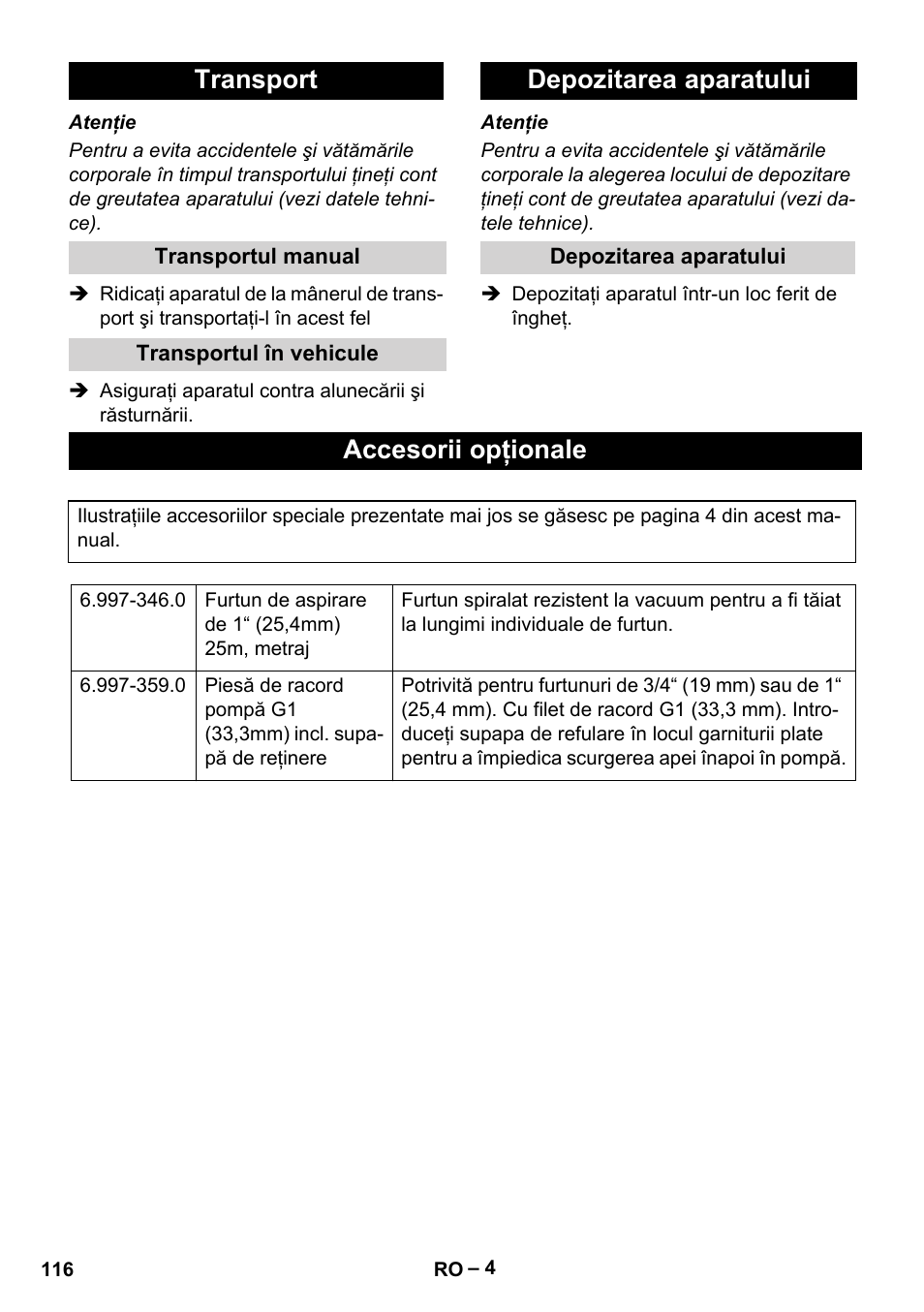Transport, Transportul manual, Transportul în vehicule | Depozitarea aparatului, Accesorii opţionale | Karcher SCP 5000 User Manual | Page 116 / 168