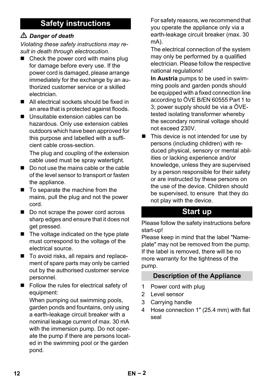 Safety instructions, Start up, Description of the appliance | Safety instructions start up | Karcher SCP 5000 User Manual | Page 12 / 168