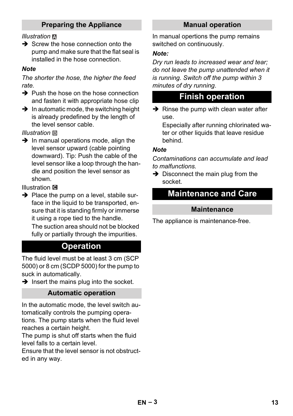 Preparing the appliance, Operation, Automatic operation | Manual operation, Finish operation, Maintenance and care, Maintenance, Finish operation maintenance and care | Karcher SCP 5000 User Manual | Page 13 / 168