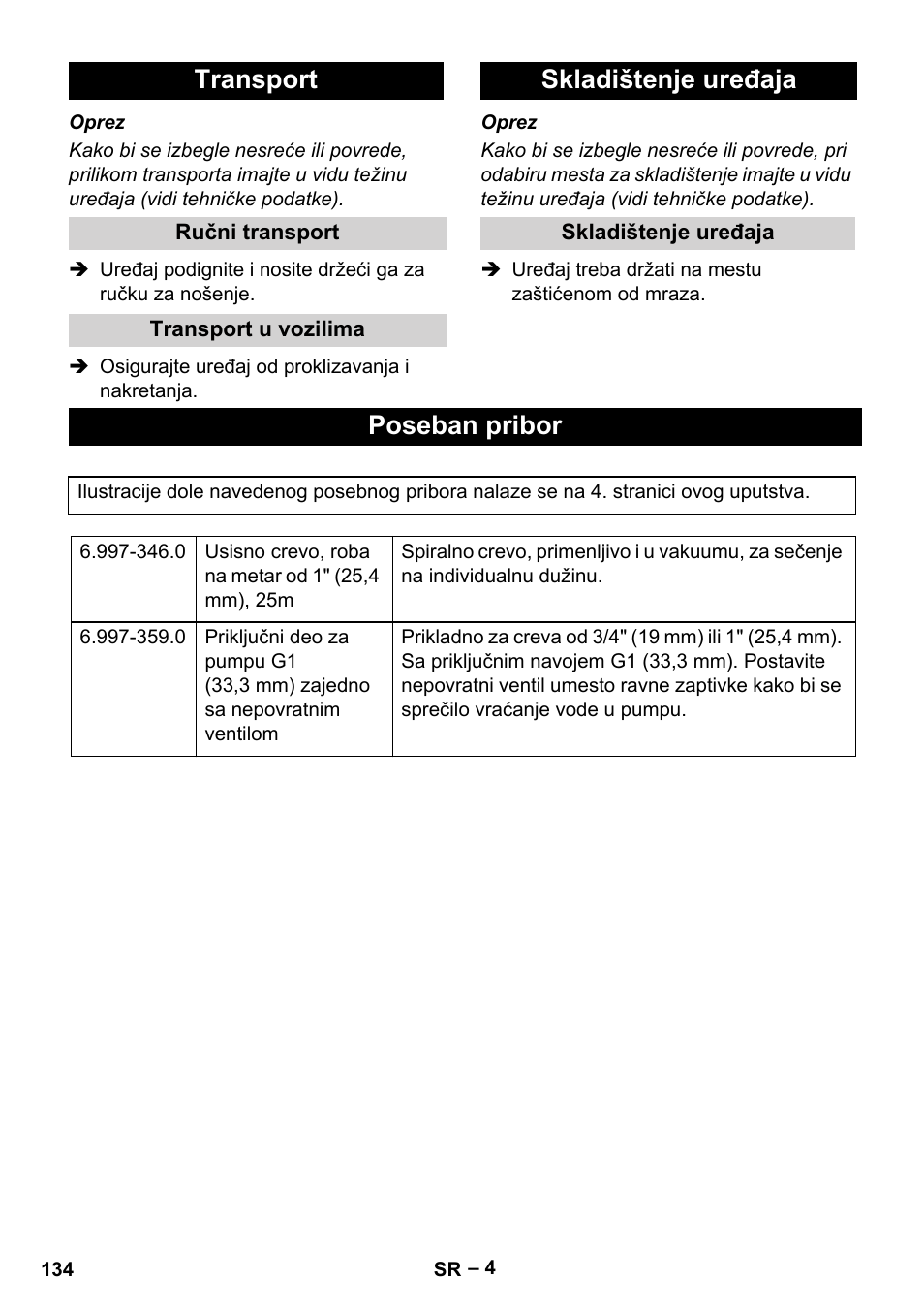 Transport, Ručni transport, Transport u vozilima | Skladištenje uređaja, Poseban pribor | Karcher SCP 5000 User Manual | Page 134 / 168