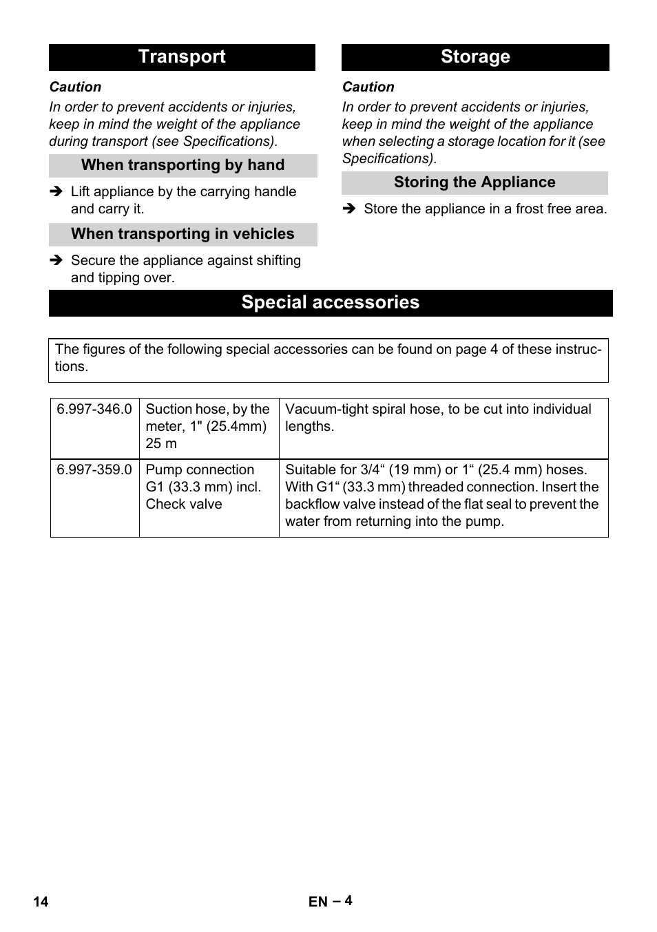 Transport, When transporting by hand, When transporting in vehicles | Storage, Storing the appliance, Special accessories | Karcher SCP 5000 User Manual | Page 14 / 168