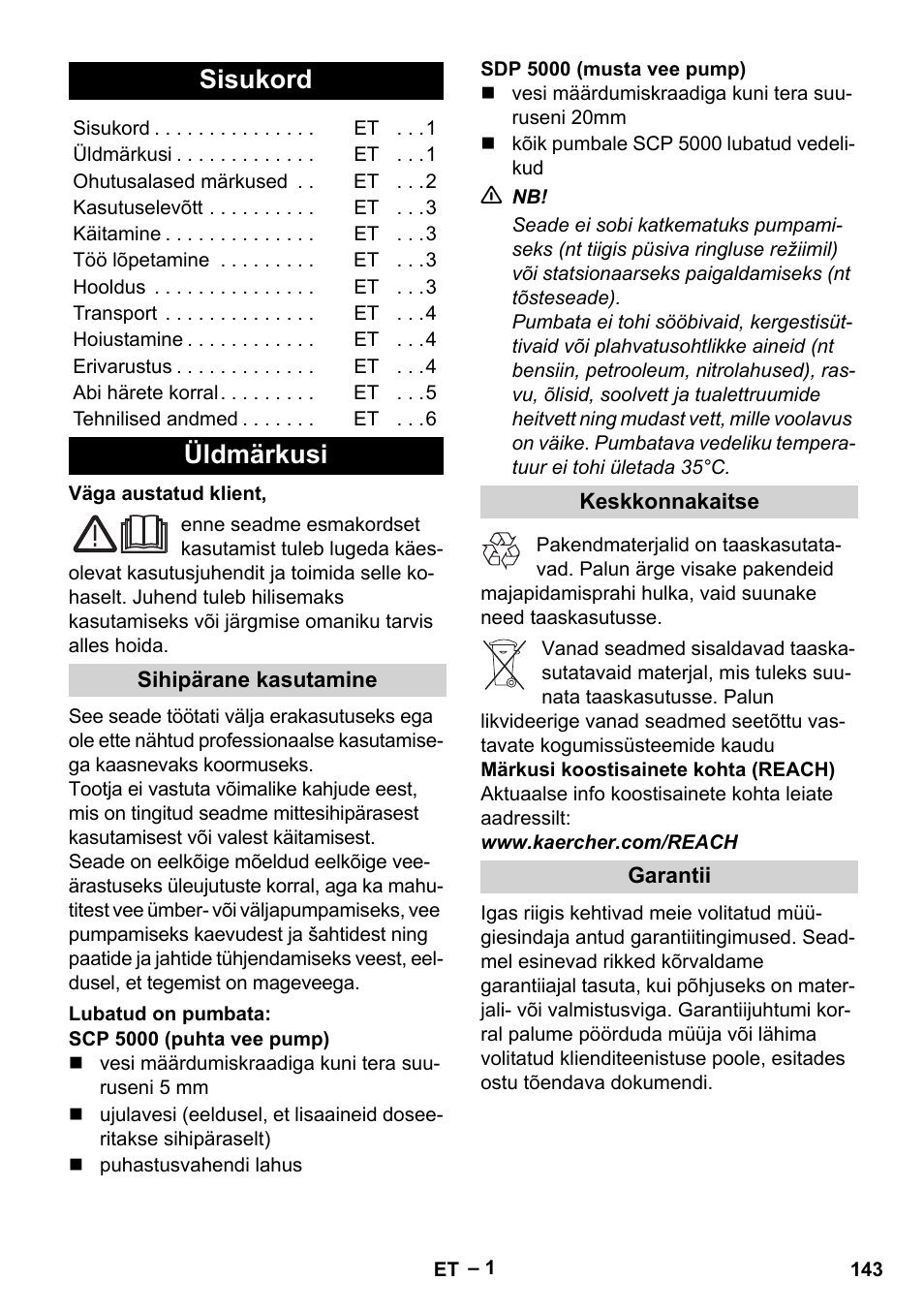 Eesti, Sisukord, Üldmärkusi | Sihipärane kasutamine, Lubatud on pumbata, Keskkonnakaitse, Garantii | Karcher SCP 5000 User Manual | Page 143 / 168