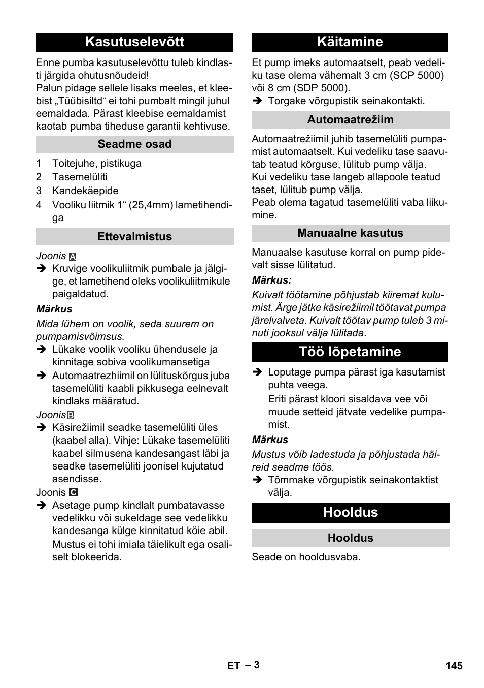 Kasutuselevõtt, Seadme osad, Ettevalmistus | Käitamine, Automaatrežiim, Manuaalne kasutus, Töö lõpetamine, Hooldus, Töö lõpetamine hooldus | Karcher SCP 5000 User Manual | Page 145 / 168