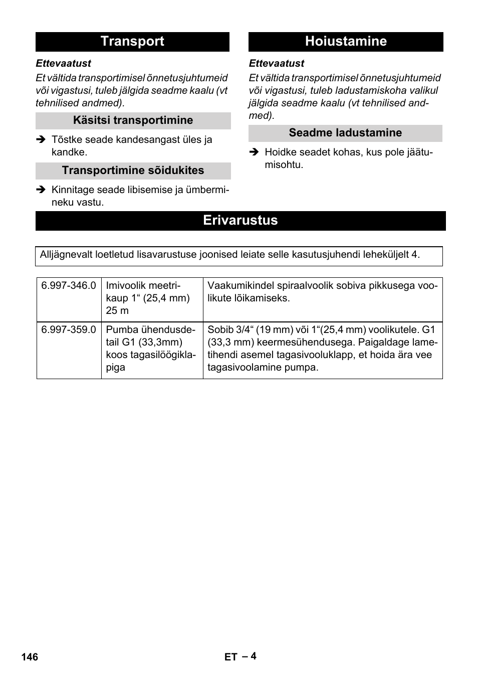 Transport, Käsitsi transportimine, Transportimine sõidukites | Hoiustamine, Seadme ladustamine, Erivarustus | Karcher SCP 5000 User Manual | Page 146 / 168