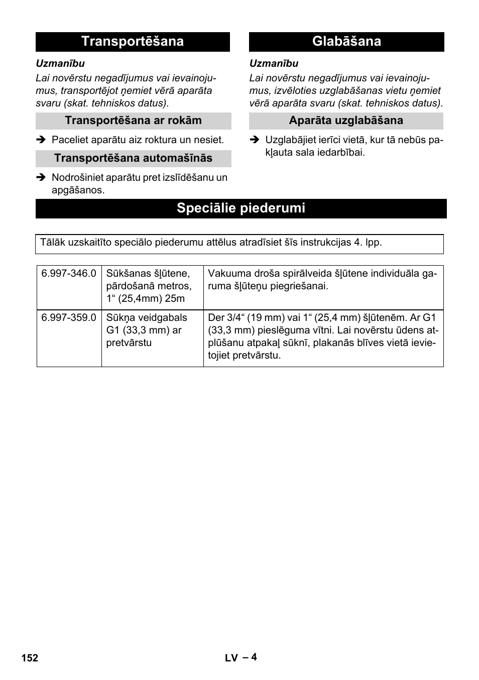 Transportēšana, Transportēšana ar rokām, Transportēšana automašīnās | Glabāšana, Aparāta uzglabāšana, Speciālie piederumi | Karcher SCP 5000 User Manual | Page 152 / 168