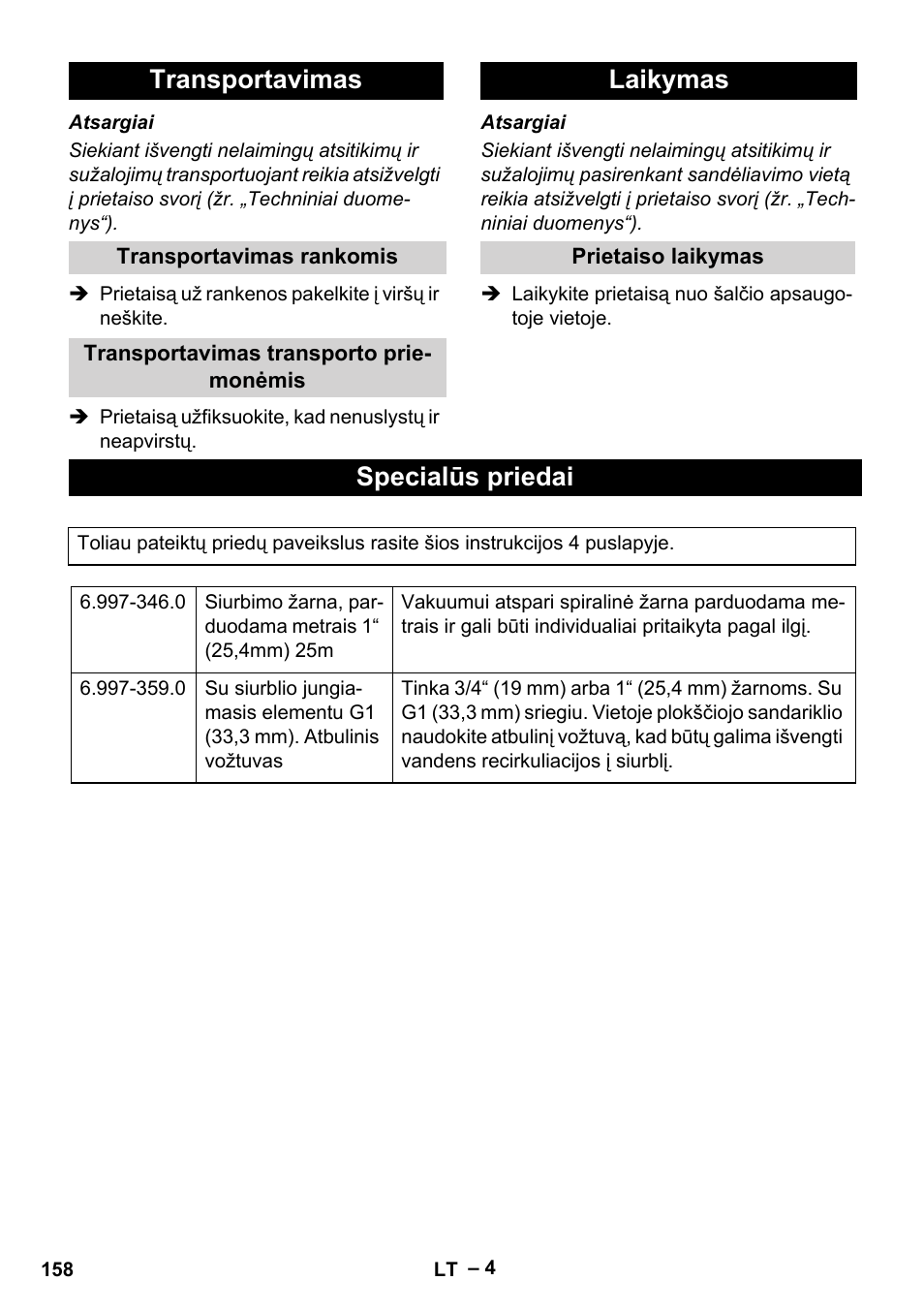 Transportavimas, Transportavimas rankomis, Transportavimas transporto priemonėmis | Laikymas, Prietaiso laikymas, Specialūs priedai | Karcher SCP 5000 User Manual | Page 158 / 168