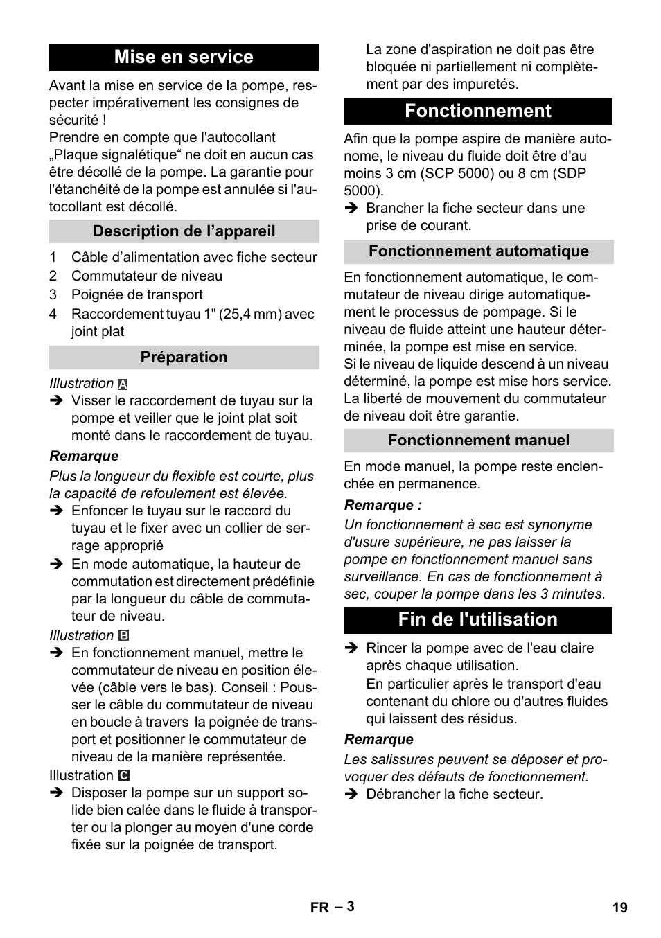 Mise en service, Description de l’appareil, Préparation | Fonctionnement, Fonctionnement automatique, Fonctionnement manuel, Fin de l'utilisation | Karcher SCP 5000 User Manual | Page 19 / 168