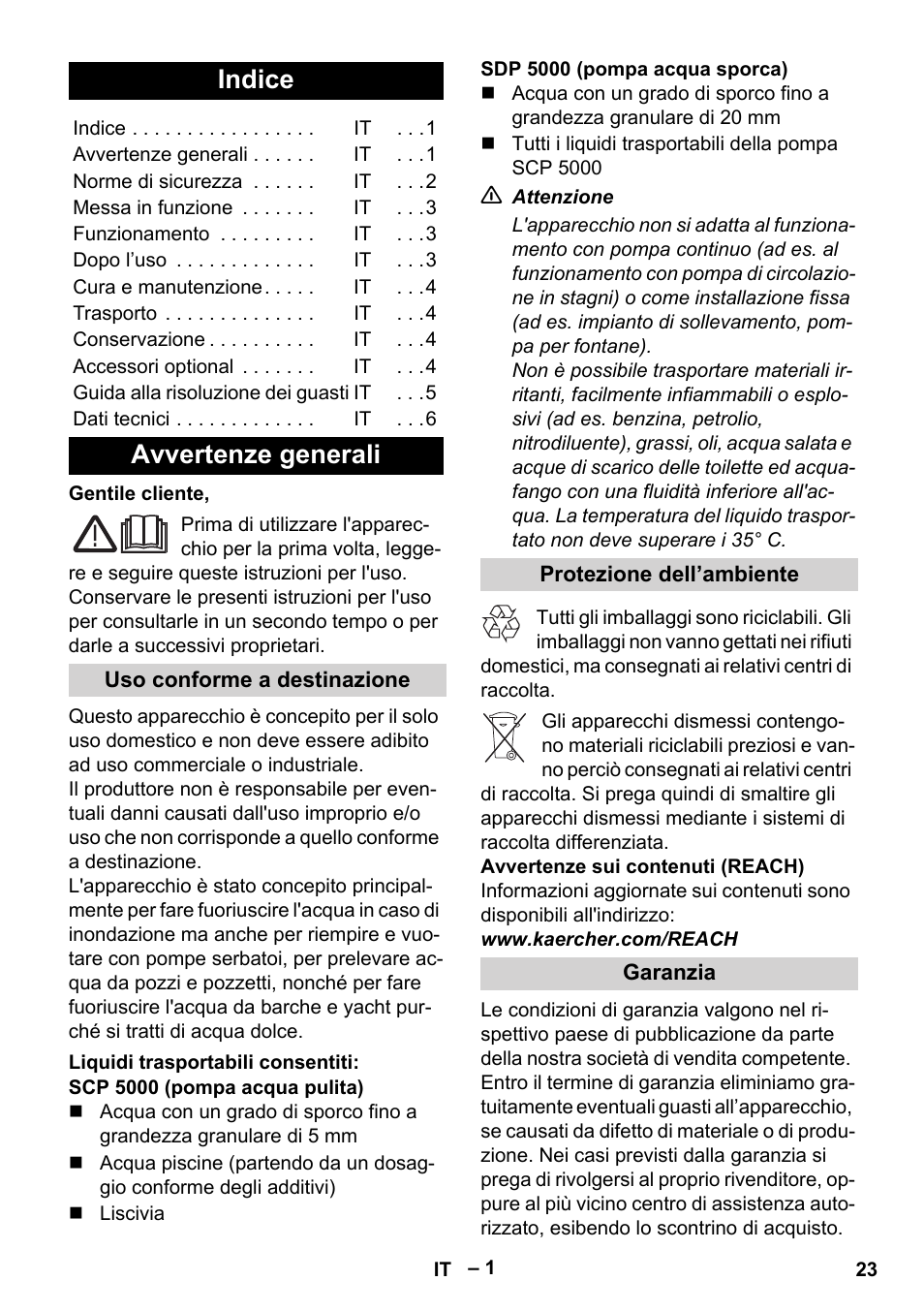 Italiano, Indice, Avvertenze generali | Uso conforme a destinazione, Liquidi trasportabili consentiti, Protezione dell’ambiente, Garanzia | Karcher SCP 5000 User Manual | Page 23 / 168