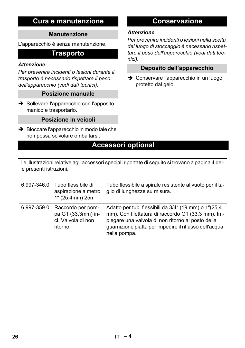 Cura e manutenzione, Manutenzione, Trasporto | Posizione manuale, Posizione in veicoli, Conservazione, Deposito dell’apparecchio, Accessori optional | Karcher SCP 5000 User Manual | Page 26 / 168