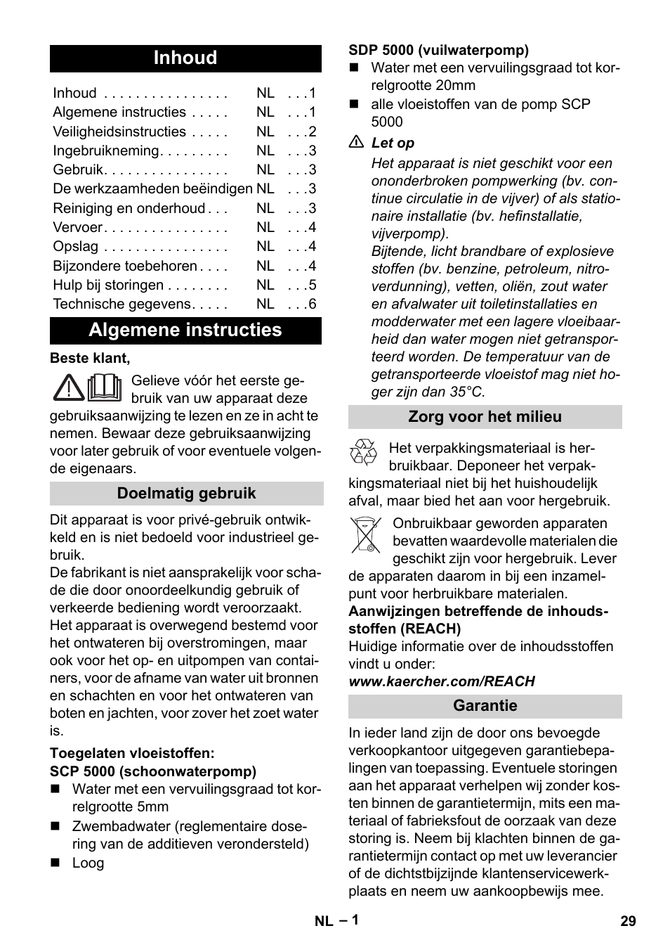 Nederlands, Inhoud, Algemene instructies | Doelmatig gebruik, Toegelaten vloeistoffen, Zorg voor het milieu, Garantie | Karcher SCP 5000 User Manual | Page 29 / 168