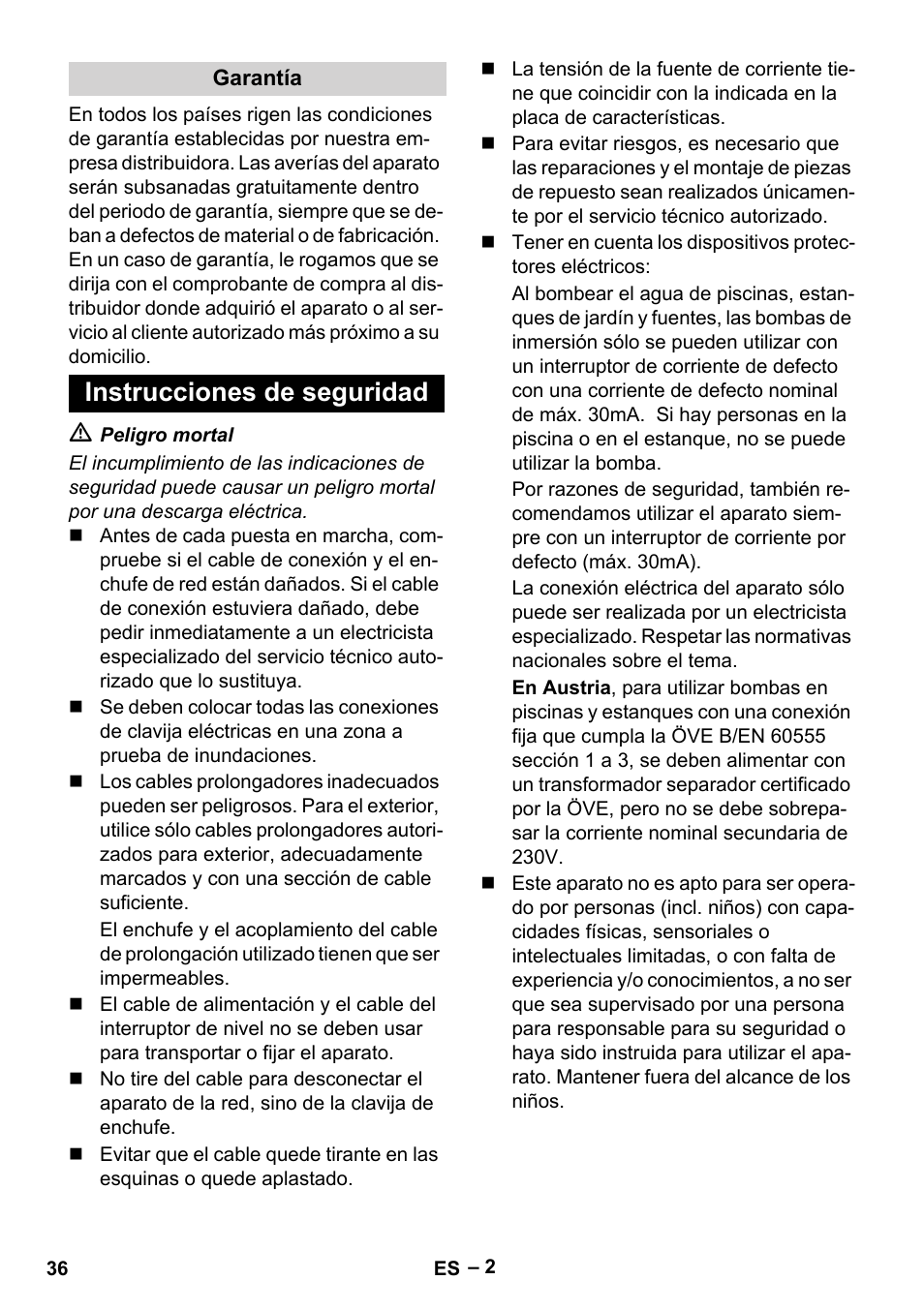 Garantía, Instrucciones de seguridad | Karcher SCP 5000 User Manual | Page 36 / 168