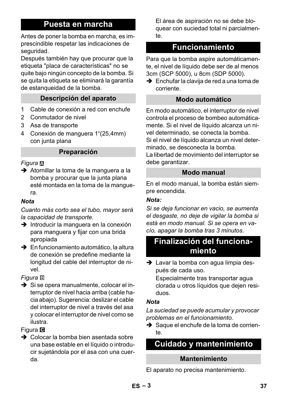 Puesta en marcha, Descripción del aparato, Preparación | Funcionamiento, Modo automático, Modo manual, Finalización del funcionamiento, Cuidado y mantenimiento, Mantenimiento | Karcher SCP 5000 User Manual | Page 37 / 168