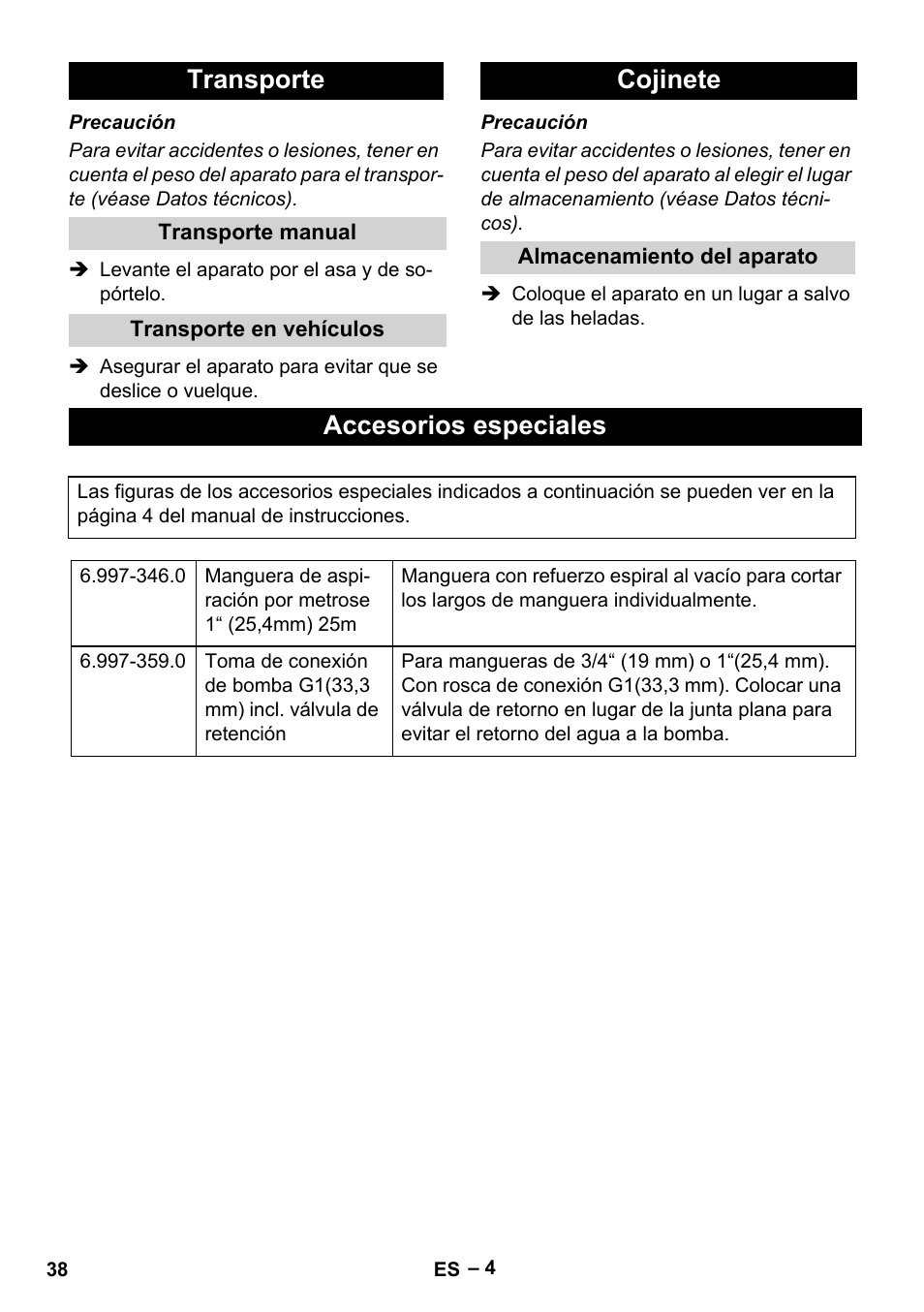 Transporte, Transporte manual, Transporte en vehículos | Cojinete, Almacenamiento del aparato, Accesorios especiales | Karcher SCP 5000 User Manual | Page 38 / 168