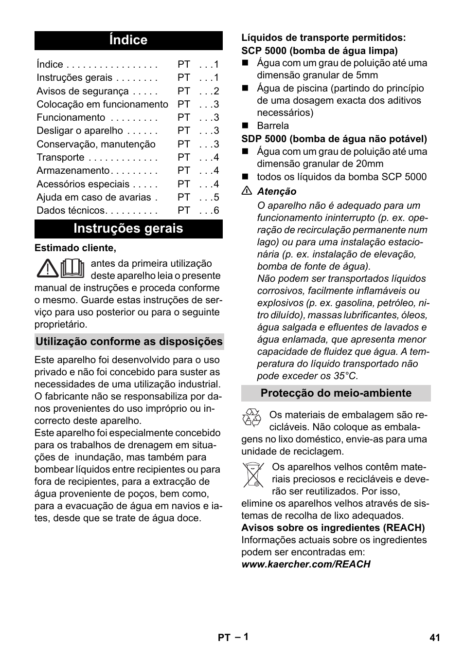 Português, Índice, Instruções gerais | Utilização conforme as disposições, Líquidos de transporte permitidos, Protecção do meio-ambiente | Karcher SCP 5000 User Manual | Page 41 / 168