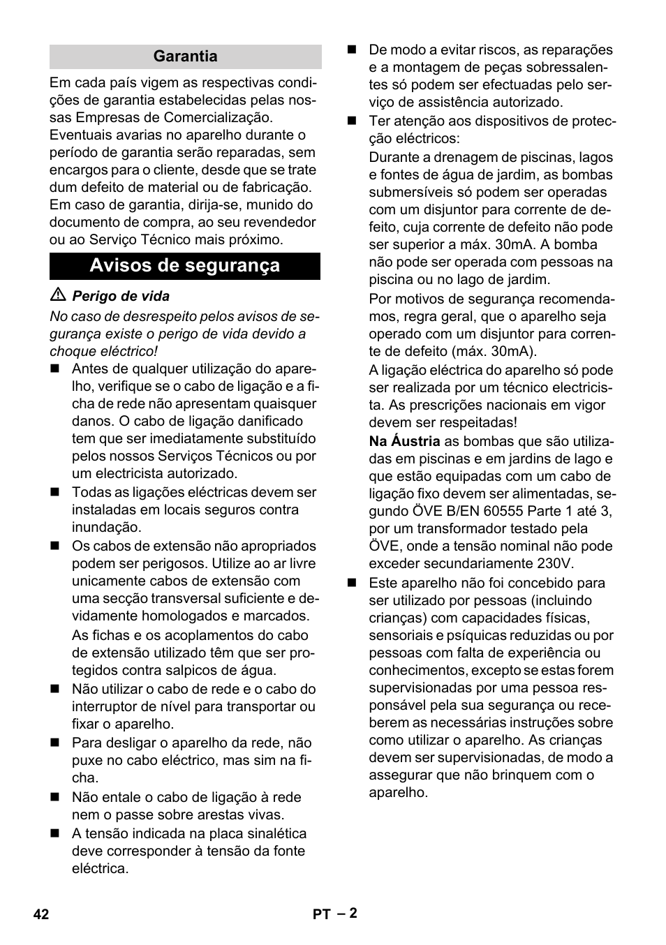 Garantia, Avisos de segurança | Karcher SCP 5000 User Manual | Page 42 / 168