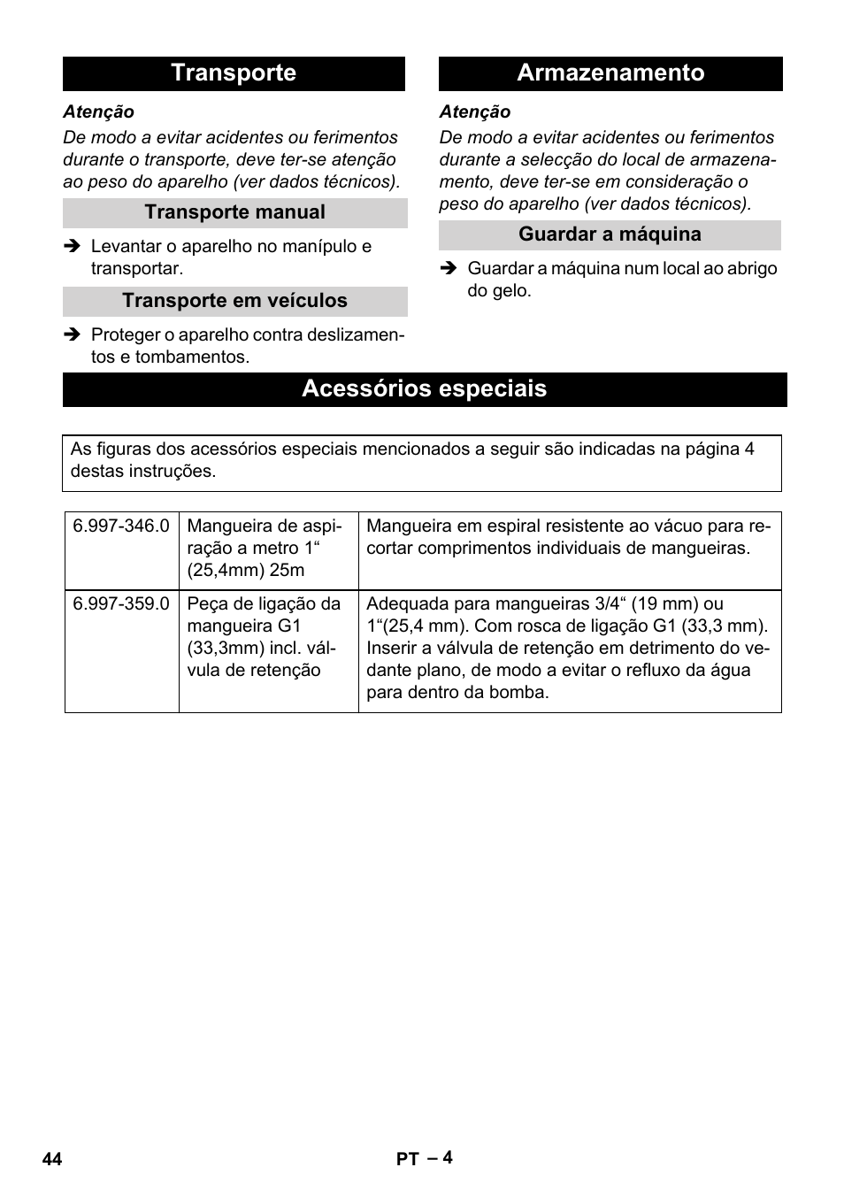 Transporte, Transporte manual, Transporte em veículos | Armazenamento, Guardar a máquina, Acessórios especiais | Karcher SCP 5000 User Manual | Page 44 / 168