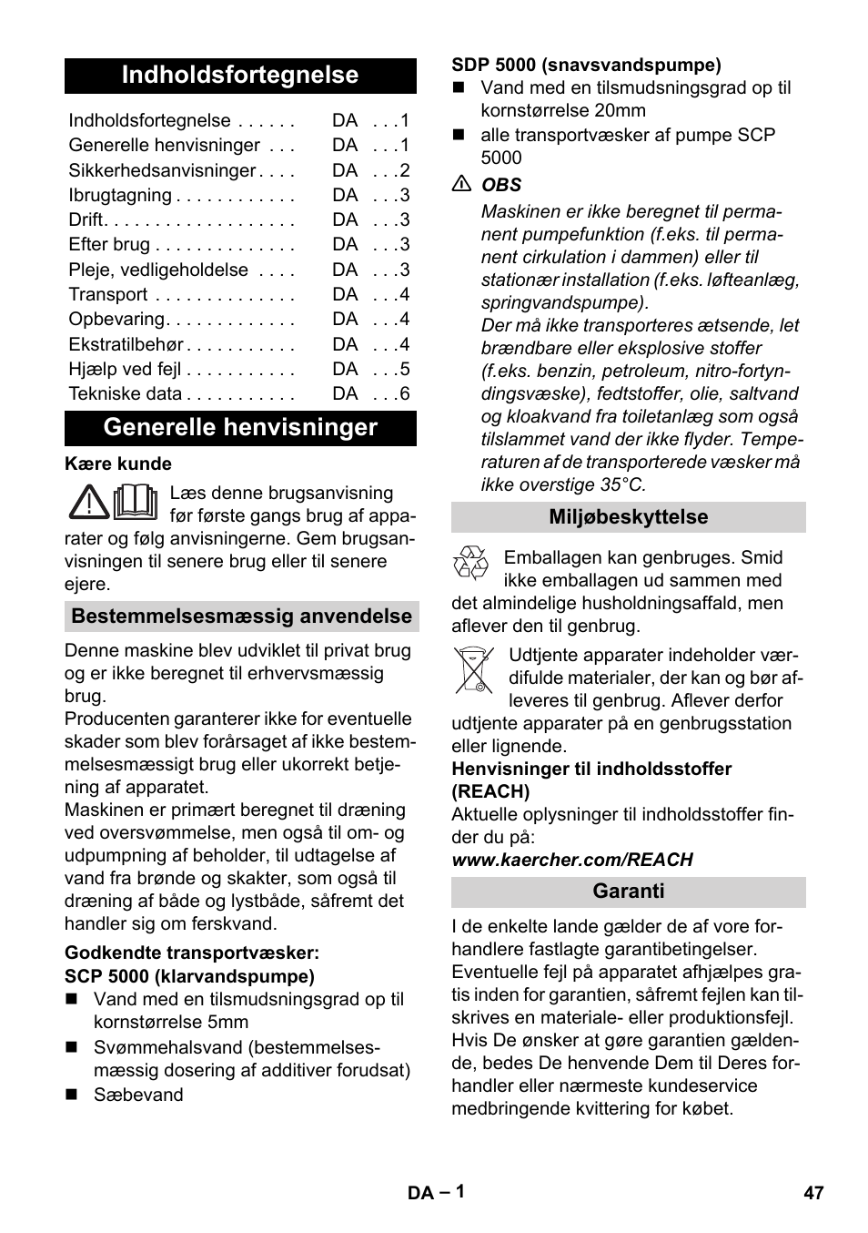 Dansk, Indholdsfortegnelse, Generelle henvisninger | Bestemmelsesmæssig anvendelse, Godkendte transportvæsker, Miljøbeskyttelse, Garanti | Karcher SCP 5000 User Manual | Page 47 / 168