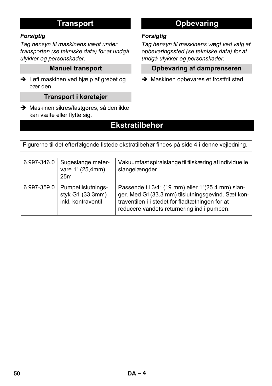 Transport, Manuel transport, Transport i køretøjer | Opbevaring, Opbevaring af damprenseren, Ekstratilbehør | Karcher SCP 5000 User Manual | Page 50 / 168