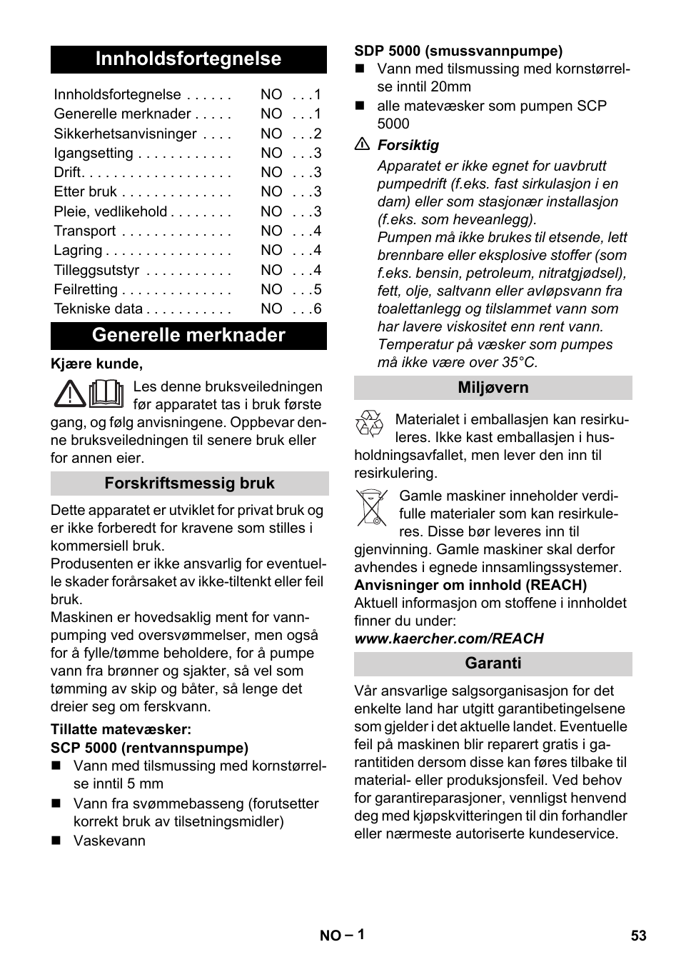 Norsk, Innholdsfortegnelse, Generelle merknader | Forskriftsmessig bruk, Tillatte matevæsker, Miljøvern, Garanti | Karcher SCP 5000 User Manual | Page 53 / 168