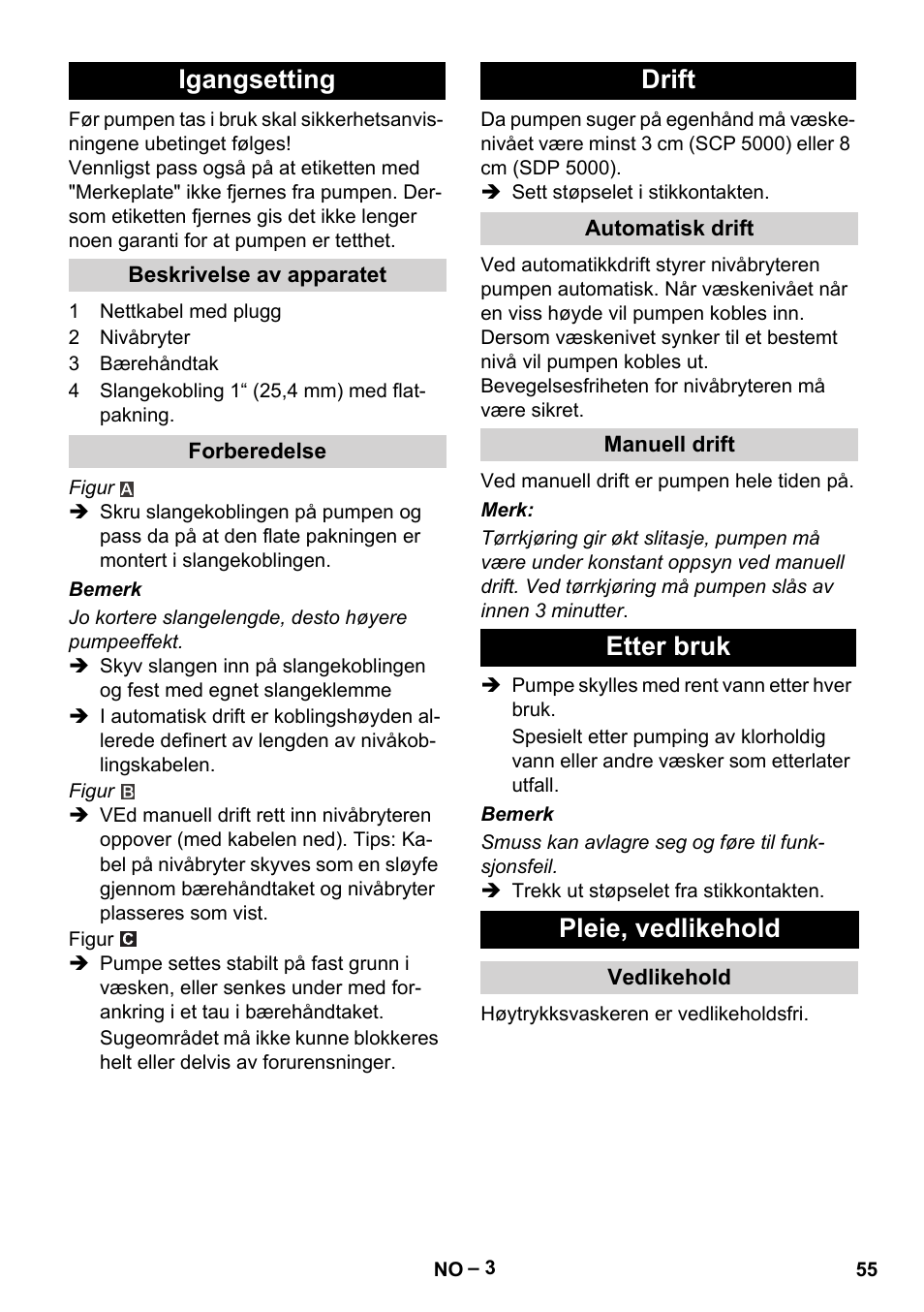 Igangsetting, Beskrivelse av apparatet, Forberedelse | Drift, Automatisk drift, Manuell drift, Etter bruk, Pleie, vedlikehold, Vedlikehold, Etter bruk pleie, vedlikehold | Karcher SCP 5000 User Manual | Page 55 / 168