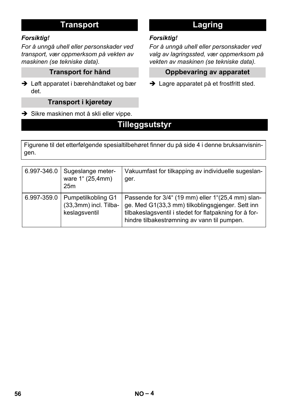 Transport, Transport for hånd, Transport i kjøretøy | Lagring, Oppbevaring av apparatet, Tilleggsutstyr | Karcher SCP 5000 User Manual | Page 56 / 168