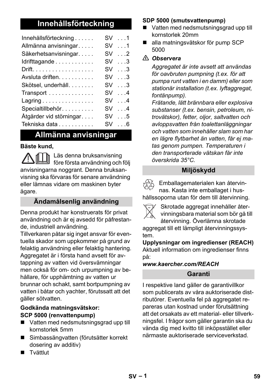 Svenska, Innehållsförteckning, Allmänna anvisningar | Ändamålsenlig användning, Godkända matningsvätskor, Miljöskydd, Garanti | Karcher SCP 5000 User Manual | Page 59 / 168