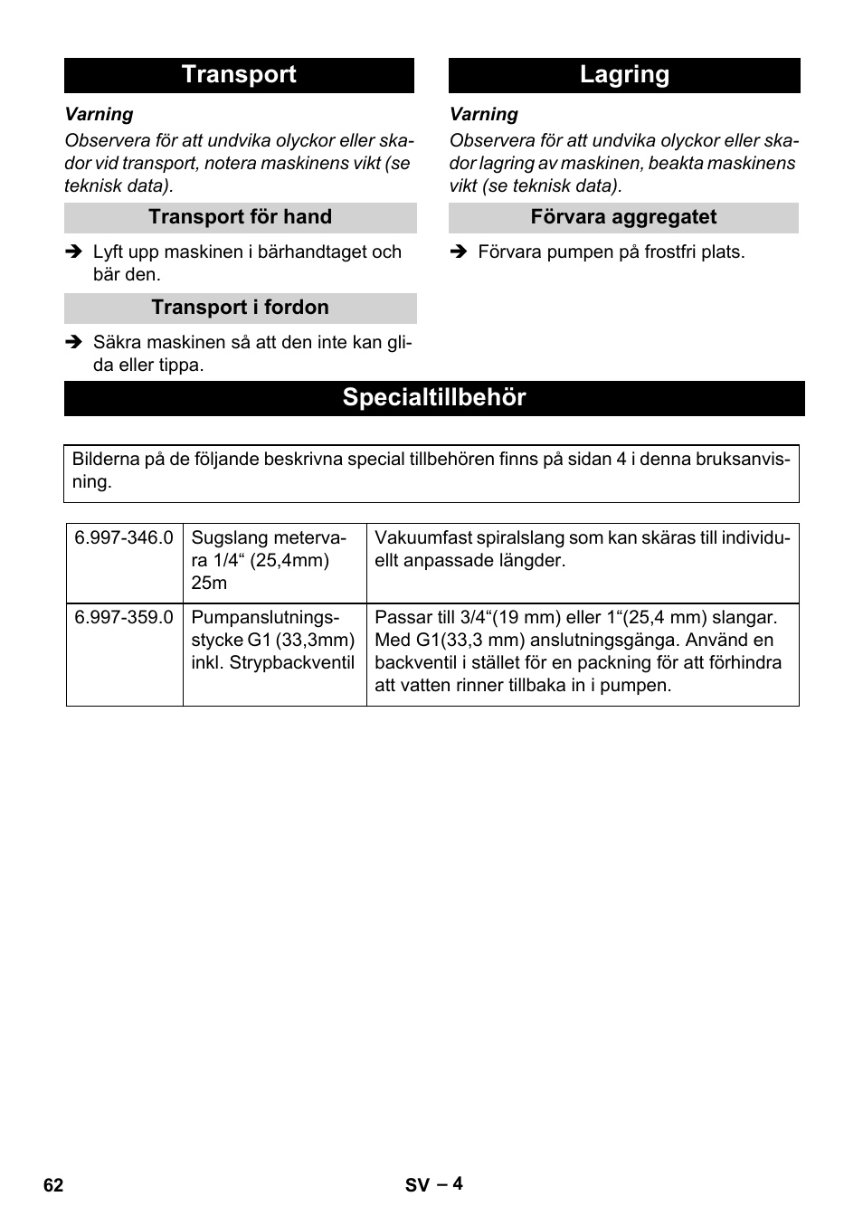 Transport, Transport för hand, Transport i fordon | Lagring, Förvara aggregatet, Specialtillbehör | Karcher SCP 5000 User Manual | Page 62 / 168