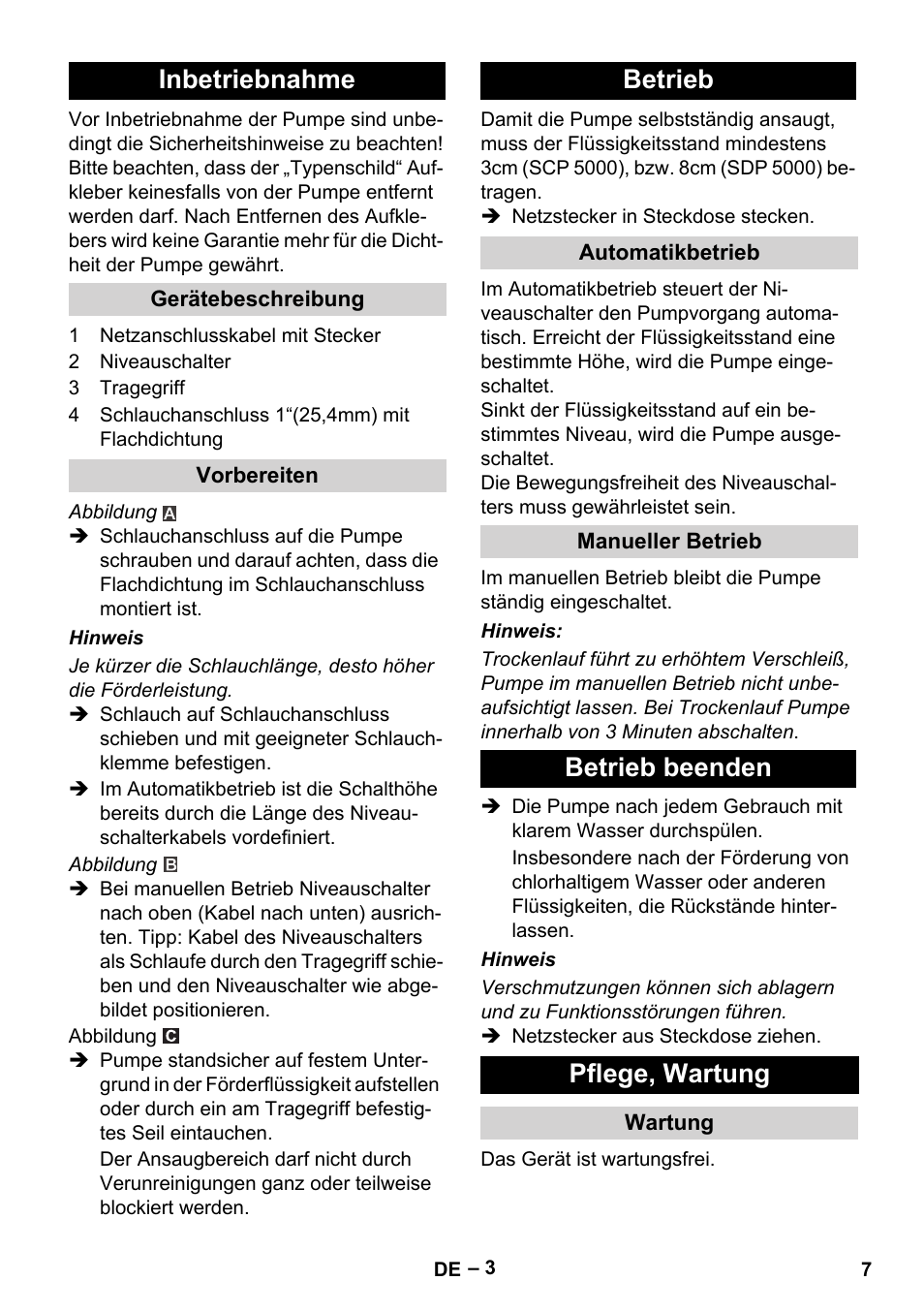 Inbetriebnahme, Gerätebeschreibung, Vorbereiten | Betrieb, Automatikbetrieb, Manueller betrieb, Betrieb beenden, Pflege, wartung, Wartung, Betrieb beenden pflege, wartung | Karcher SCP 5000 User Manual | Page 7 / 168