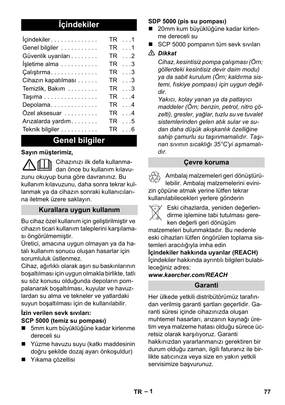 Türkçe, Içindekiler, Genel bilgiler | Kurallara uygun kullanım, Izin verilen sevk sıvıları, Çevre koruma, Garanti | Karcher SCP 5000 User Manual | Page 77 / 168