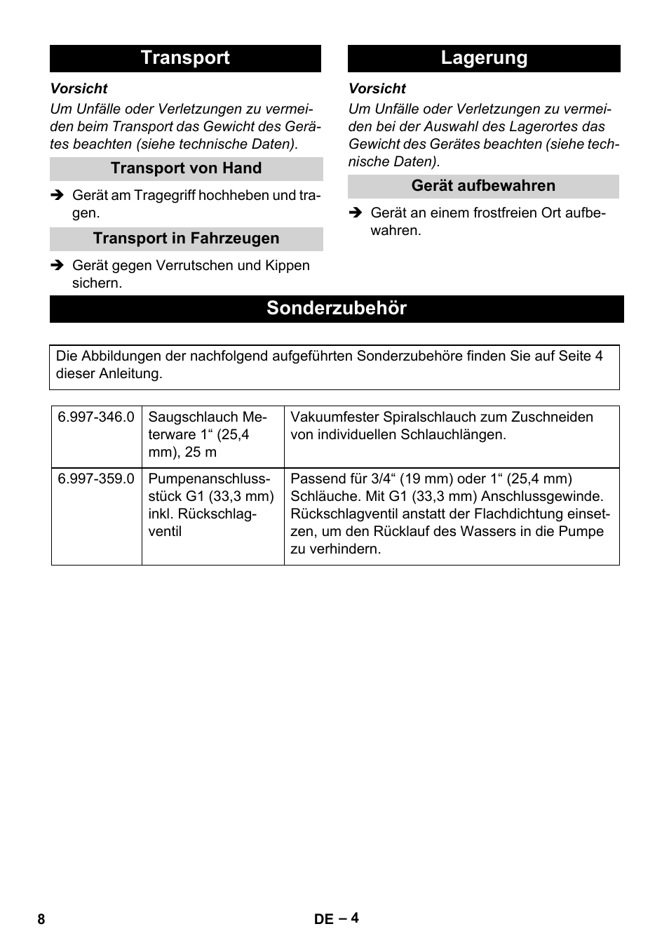 Transport, Transport von hand, Transport in fahrzeugen | Lagerung, Gerät aufbewahren, Sonderzubehör | Karcher SCP 5000 User Manual | Page 8 / 168