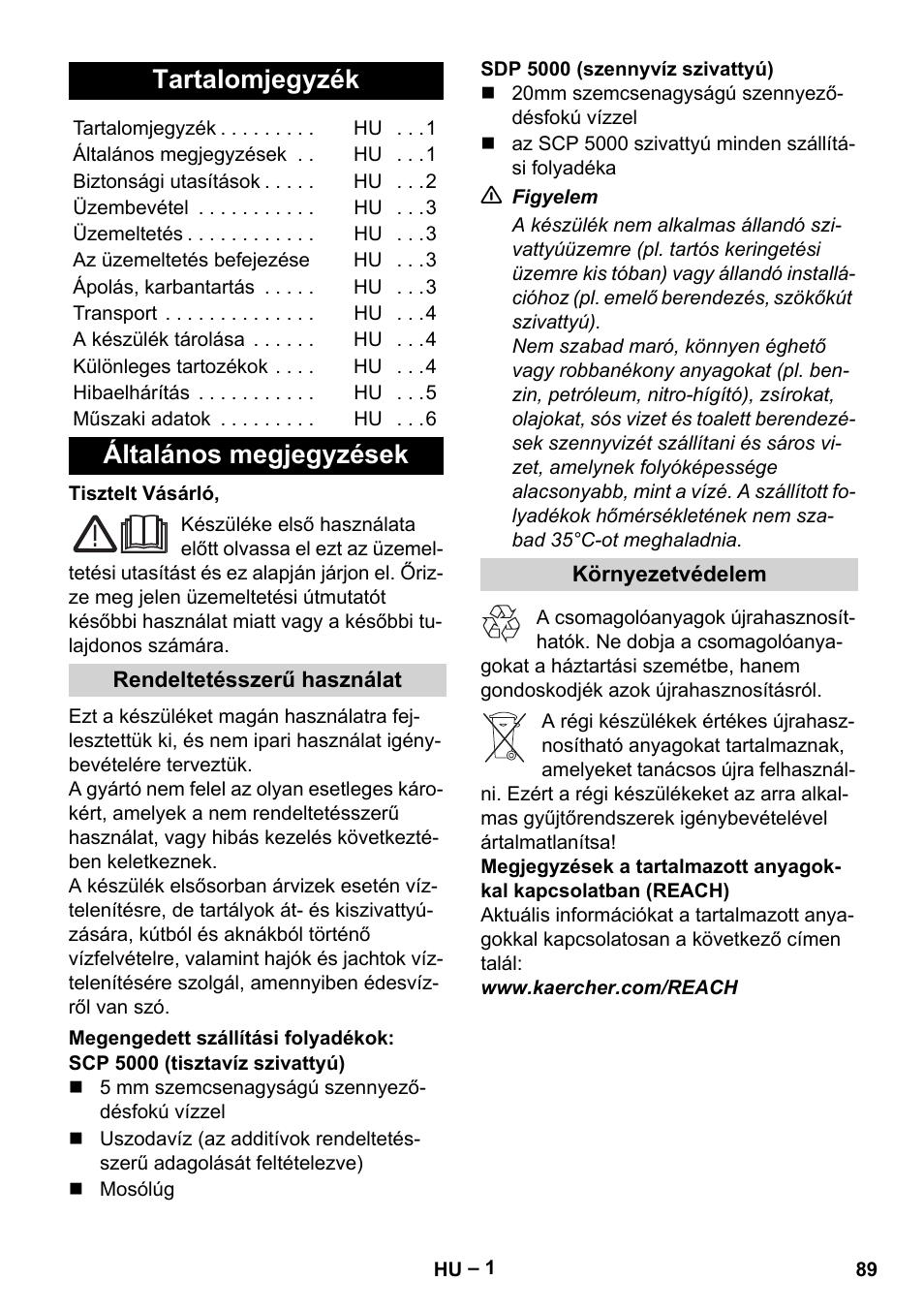 Magyar, Tartalomjegyzék, Általános megjegyzések | Rendeltetésszerű használat, Megengedett szállítási folyadékok, Környezetvédelem | Karcher SCP 5000 User Manual | Page 89 / 168