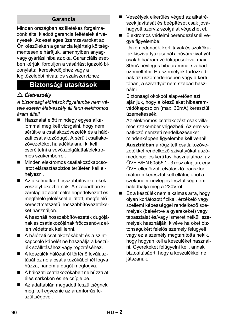 Garancia, Biztonsági utasítások | Karcher SCP 5000 User Manual | Page 90 / 168