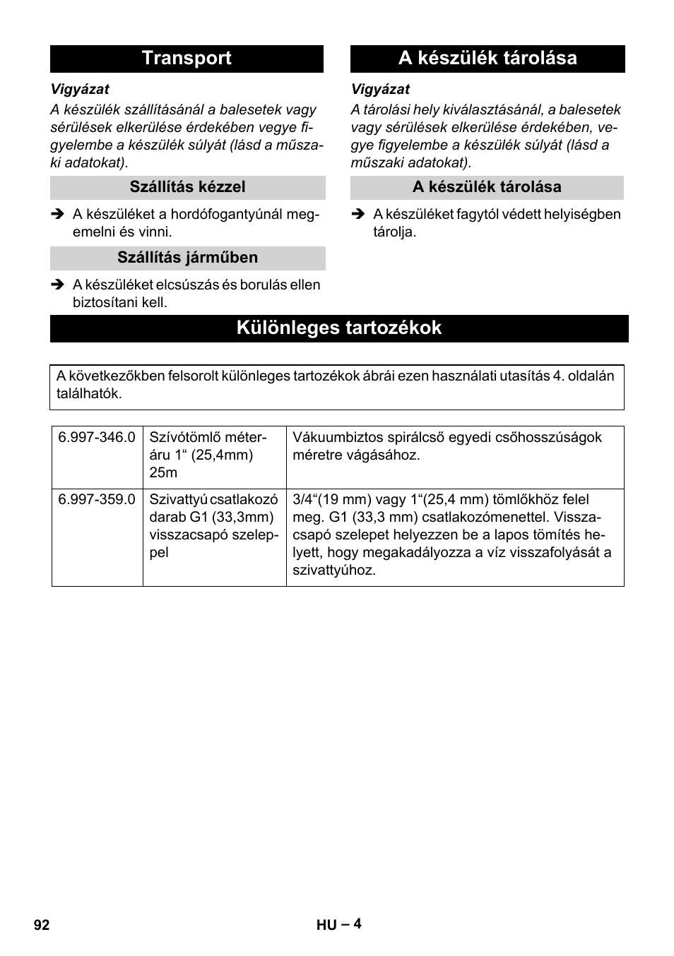 Transport, Szállítás kézzel, Szállítás járműben | A készülék tárolása, Különleges tartozékok | Karcher SCP 5000 User Manual | Page 92 / 168