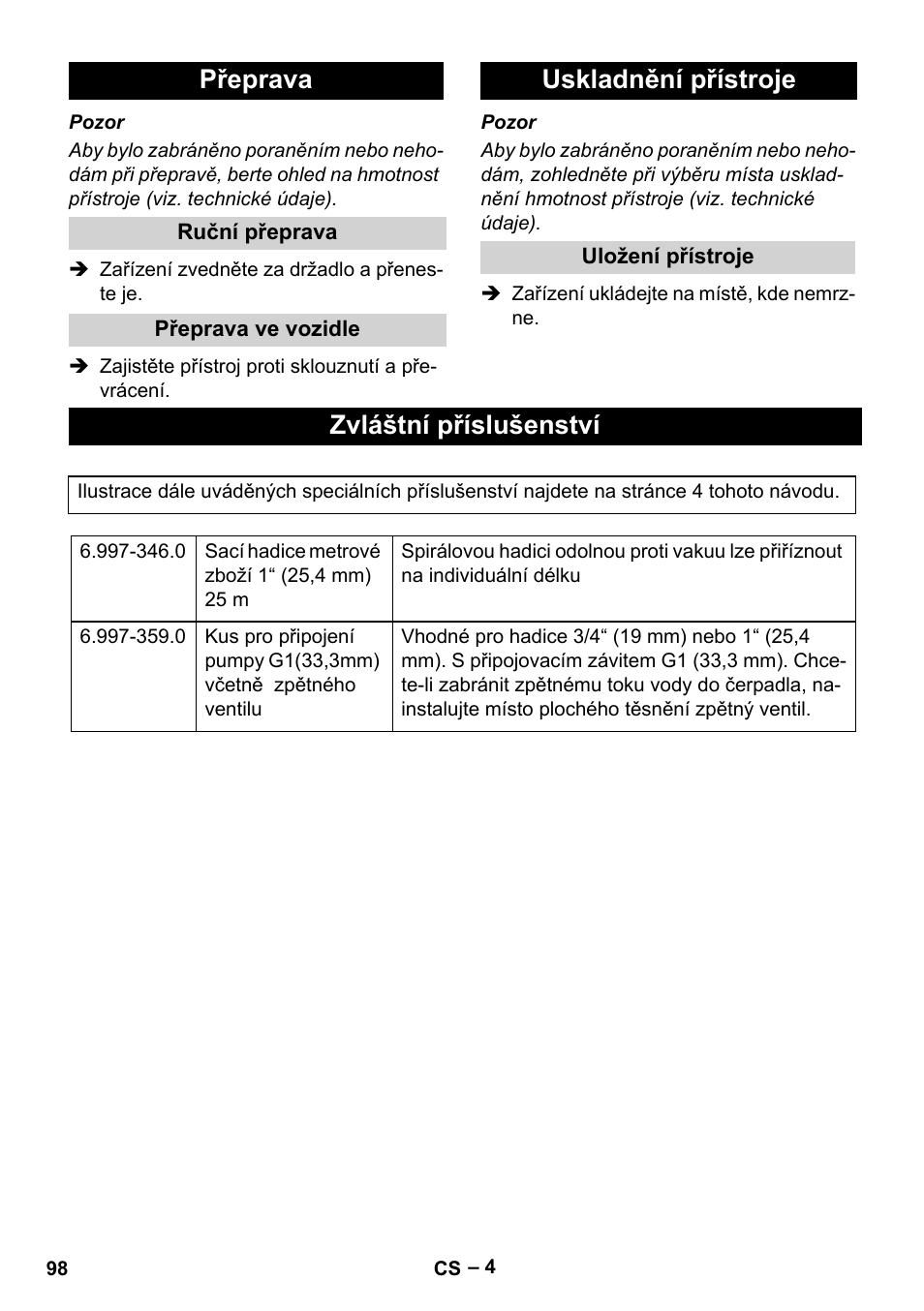 Přeprava, Ruční přeprava, Přeprava ve vozidle | Uskladnění přístroje, Uložení přístroje, Zvláštní příslušenství | Karcher SCP 5000 User Manual | Page 98 / 168