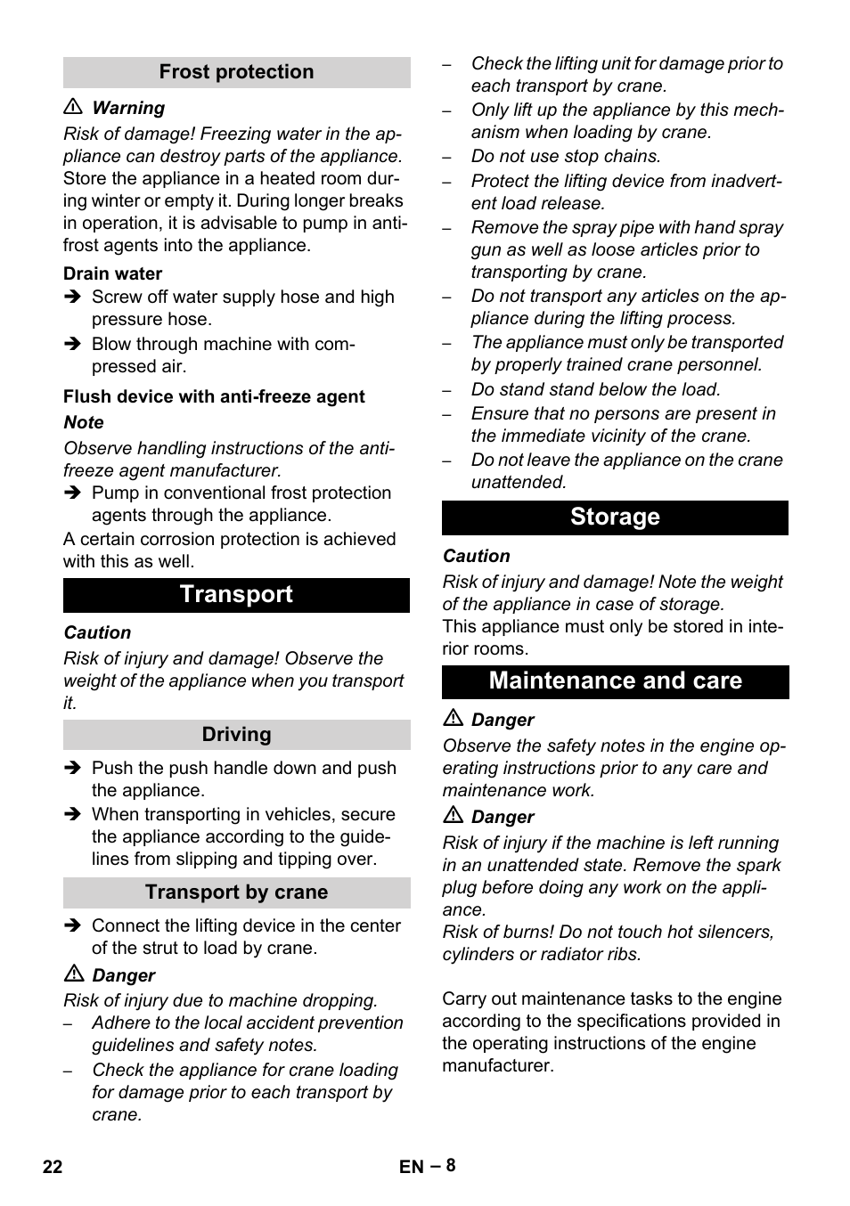 Transport, Storage maintenance and care | Karcher HD 9-50 Pe User Manual | Page 22 / 346