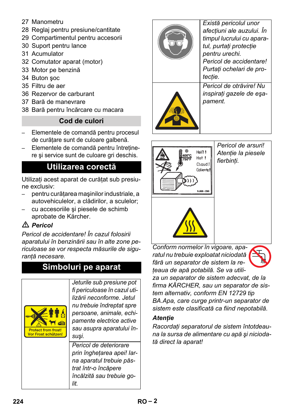 Utilizarea corectă simboluri pe aparat | Karcher HD 9-50 Pe User Manual | Page 224 / 346